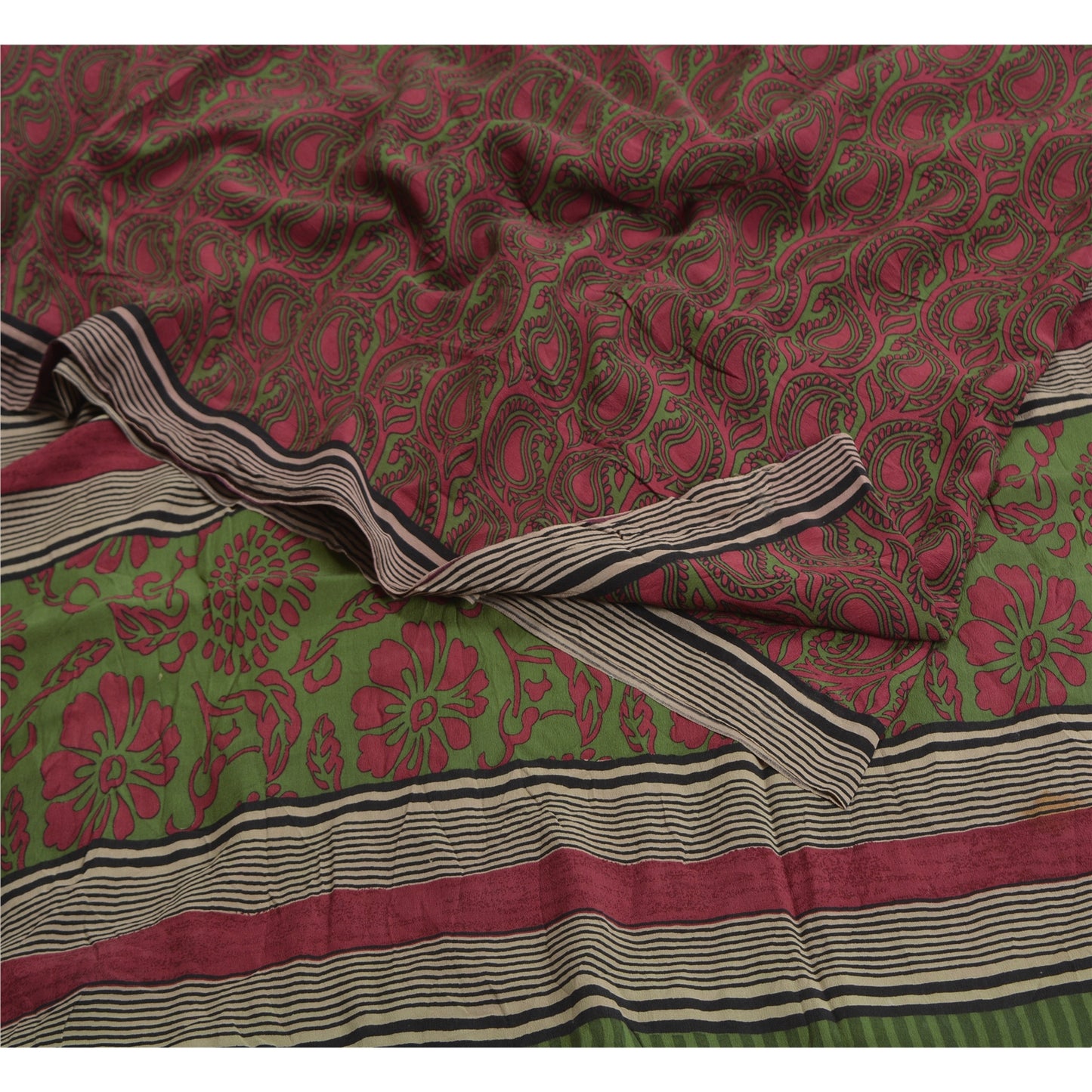 Sanskriti Vintage Sarees Purple/Green Sari Pure Crepe Silk Printed Craft Fabric