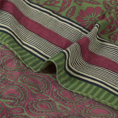 Sanskriti Vintage Sarees Purple/Green Sari Pure Crepe Silk Printed Craft Fabric