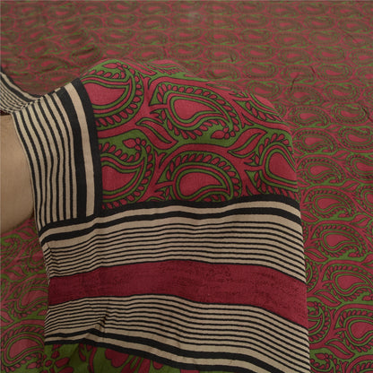 Sanskriti Vintage Sarees Purple/Green Sari Pure Crepe Silk Printed Craft Fabric