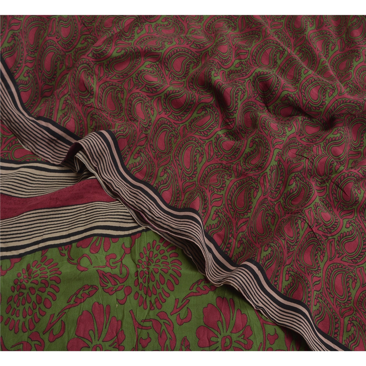 Sanskriti Vintage Sarees Purple/Green Sari Pure Crepe Silk Printed Craft Fabric