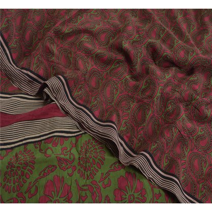 Sanskriti Vintage Sarees Purple/Green Sari Pure Crepe Silk Printed Craft Fabric