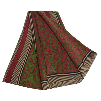 Sanskriti Vintage Sarees Purple/Green Sari Pure Crepe Silk Printed Craft Fabric