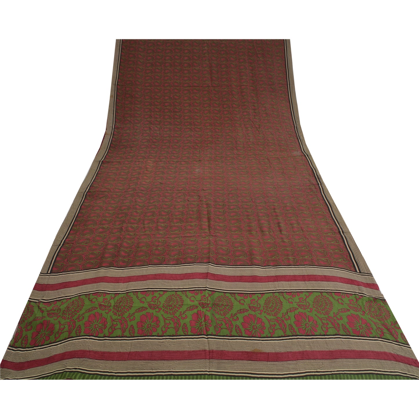 Sanskriti Vintage Sarees Purple/Green Sari Pure Crepe Silk Printed Craft Fabric