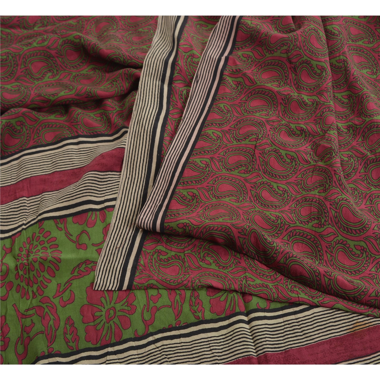 Sanskriti Vintage Sarees Purple/Green Sari Pure Crepe Silk Printed Craft Fabric