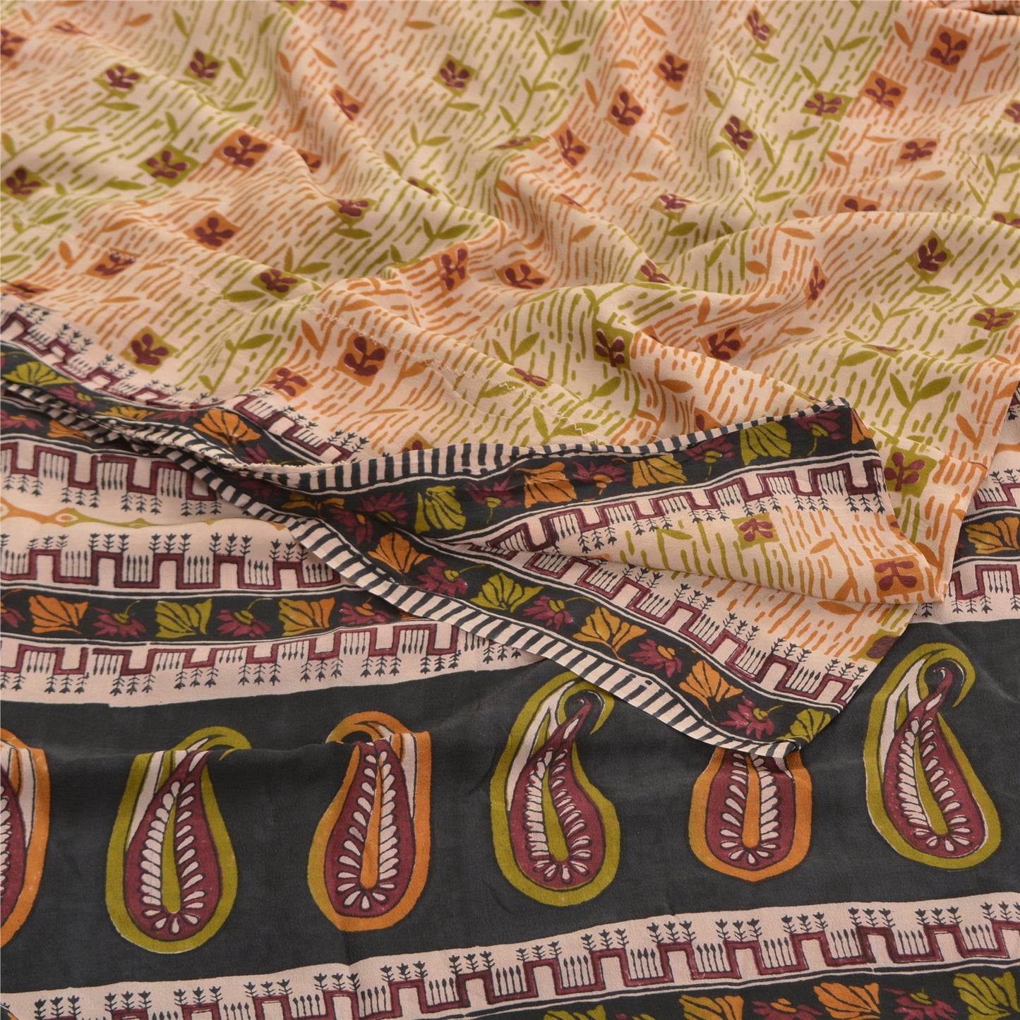 Sanskriti Vintage Peach Sarees Pure Crepe Silk Printed Sari Craft Sewing Fabric