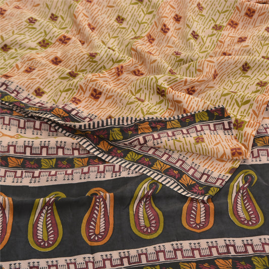 Sanskriti Vintage Peach Sarees Pure Crepe Silk Printed Sari Craft Sewing Fabric