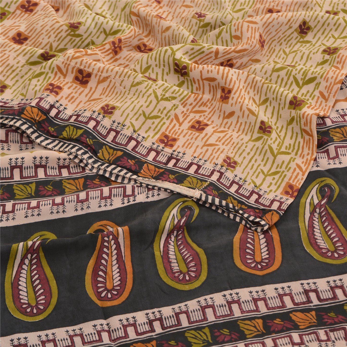 Sanskriti Vintage Peach Sarees Pure Crepe Silk Printed Sari Craft Sewing Fabric