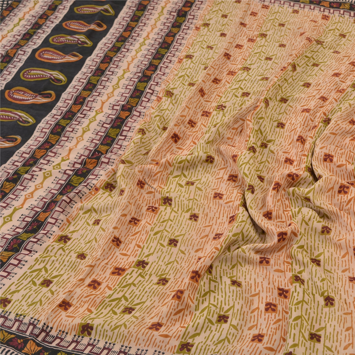 Sanskriti Vintage Peach Sarees Pure Crepe Silk Printed Sari Craft Sewing Fabric