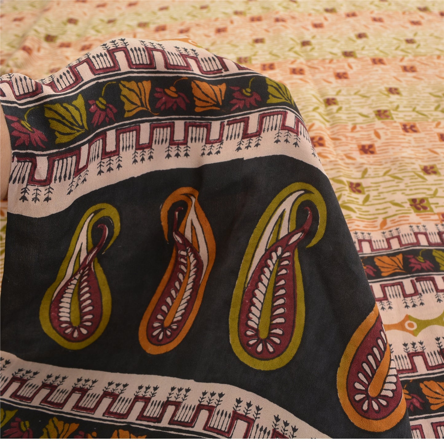 Sanskriti Vintage Peach Sarees Pure Crepe Silk Printed Sari Craft Sewing Fabric