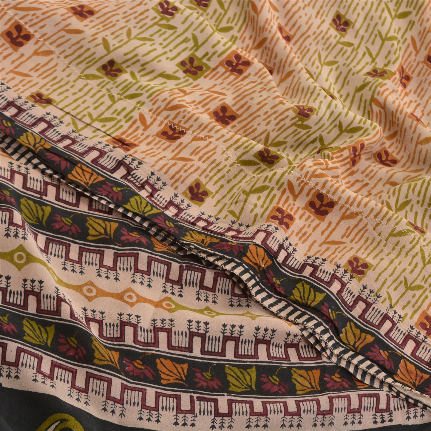 Sanskriti Vintage Peach Sarees Pure Crepe Silk Printed Sari Craft Sewing Fabric