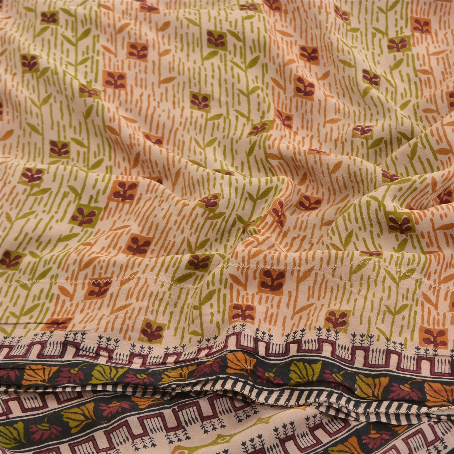 Sanskriti Vintage Peach Sarees Pure Crepe Silk Printed Sari Craft Sewing Fabric