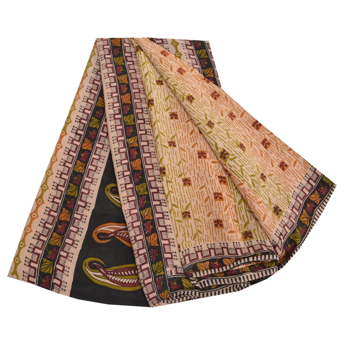 Sanskriti Vintage Peach Sarees Pure Crepe Silk Printed Sari Craft Sewing Fabric