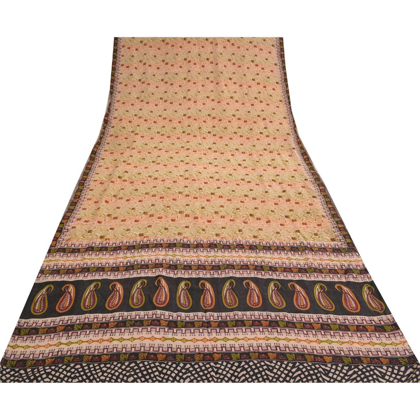 Sanskriti Vintage Peach Sarees Pure Crepe Silk Printed Sari Craft Sewing Fabric
