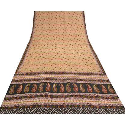 Sanskriti Vintage Peach Sarees Pure Crepe Silk Printed Sari Craft Sewing Fabric