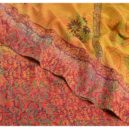 Sanskriti Vintage Saree Yellow-Red Pure Crepe Floral Printed Sari 5.5+Yd Fabric