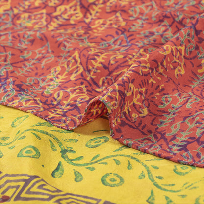 Sanskriti Vintage Saree Yellow-Red Pure Crepe Floral Printed Sari 5.5+Yd Fabric