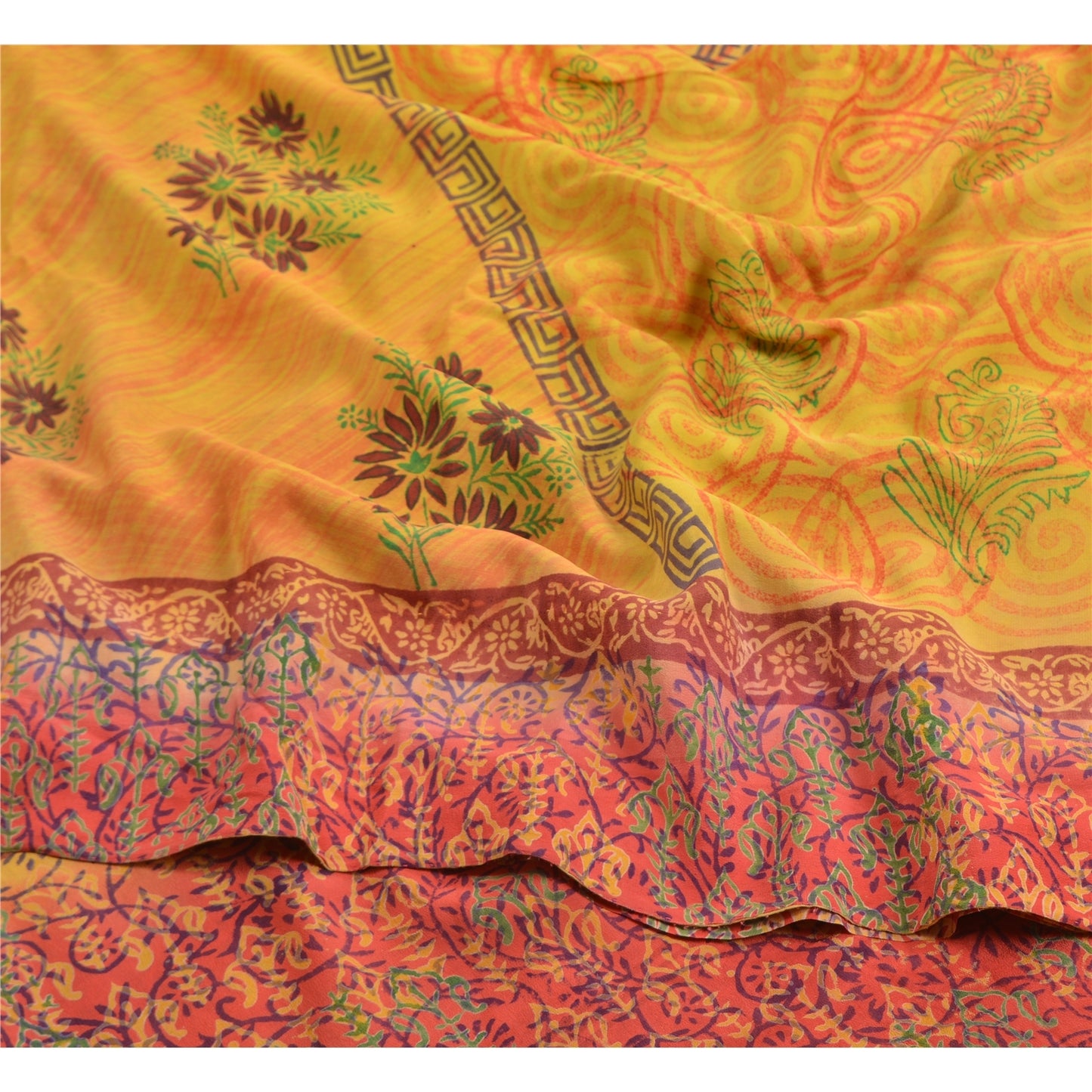 Sanskriti Vintage Saree Yellow-Red Pure Crepe Floral Printed Sari 5.5+Yd Fabric