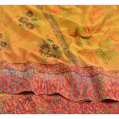 Sanskriti Vintage Saree Yellow-Red Pure Crepe Floral Printed Sari 5.5+Yd Fabric