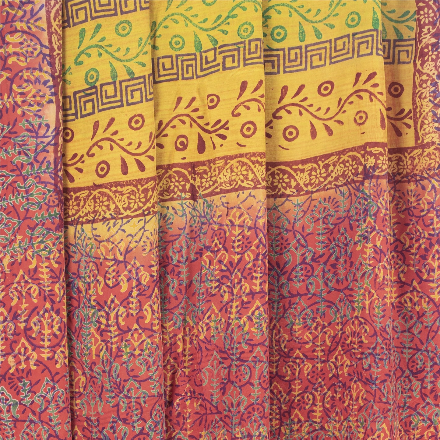 Sanskriti Vintage Saree Yellow-Red Pure Crepe Floral Printed Sari 5.5+Yd Fabric