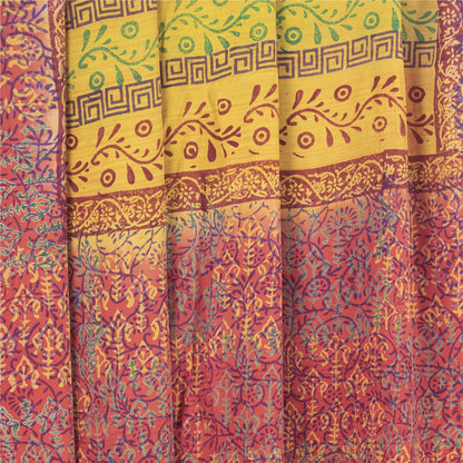 Sanskriti Vintage Saree Yellow-Red Pure Crepe Floral Printed Sari 5.5+Yd Fabric