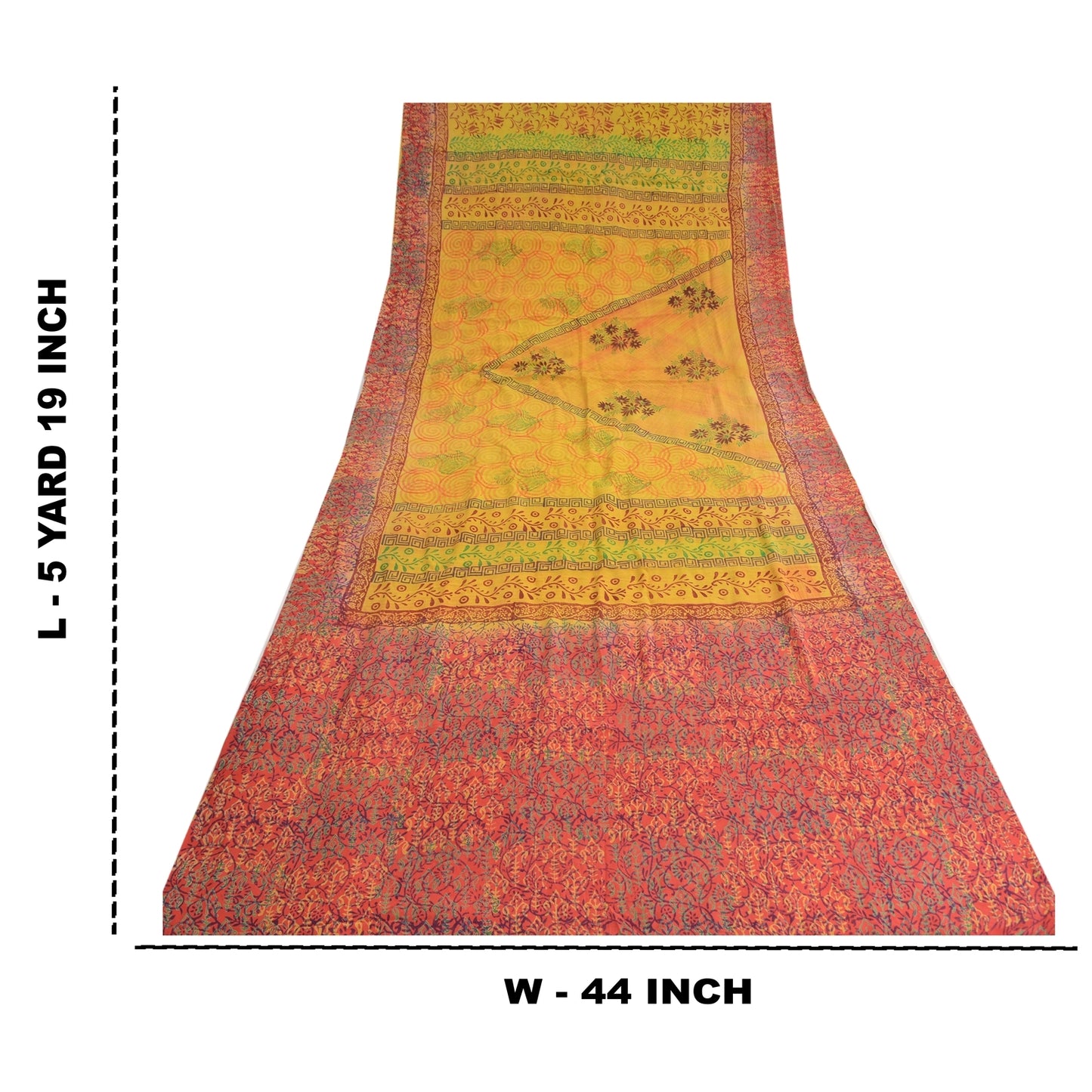 Sanskriti Vintage Saree Yellow-Red Pure Crepe Floral Printed Sari 5.5+Yd Fabric