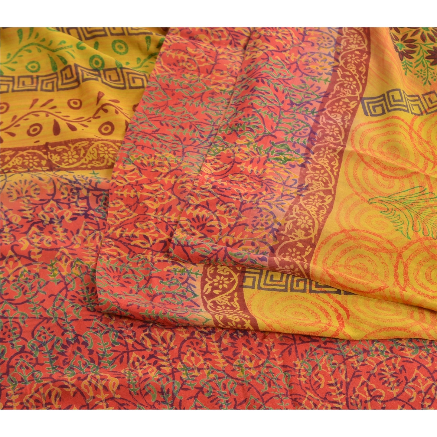 Sanskriti Vintage Saree Yellow-Red Pure Crepe Floral Printed Sari 5.5+Yd Fabric