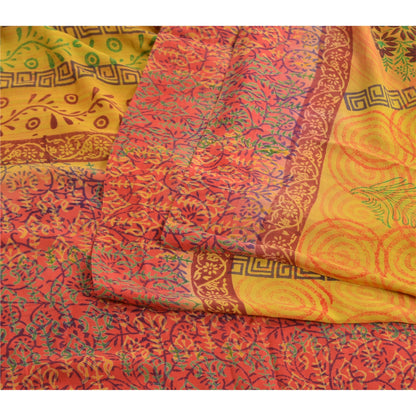 Sanskriti Vintage Saree Yellow-Red Pure Crepe Floral Printed Sari 5.5+Yd Fabric