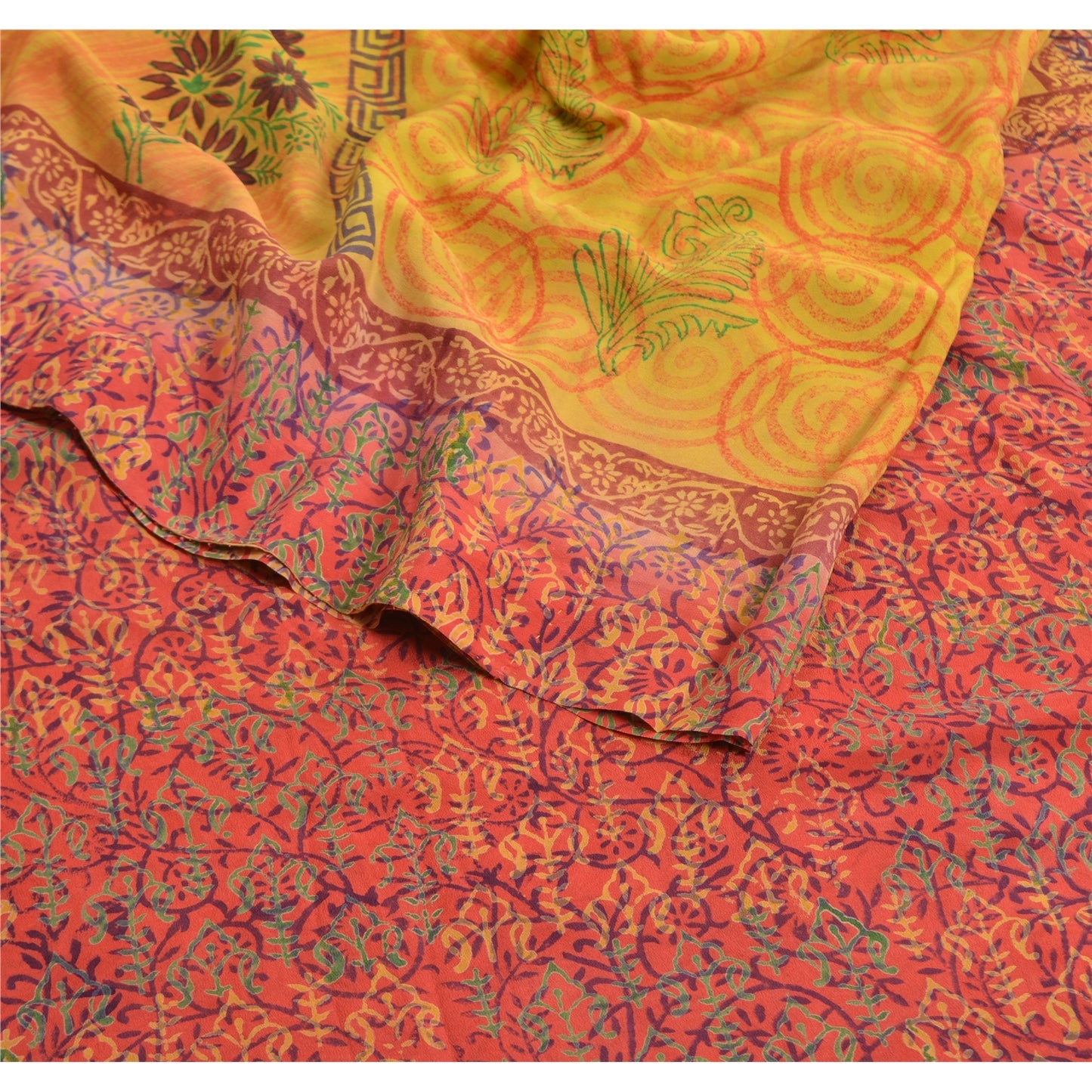 Sanskriti Vintage Saree Yellow-Red Pure Crepe Floral Printed Sari 5.5+Yd Fabric