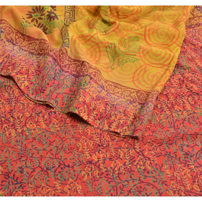 Sanskriti Vintage Saree Yellow-Red Pure Crepe Floral Printed Sari 5.5+Yd Fabric