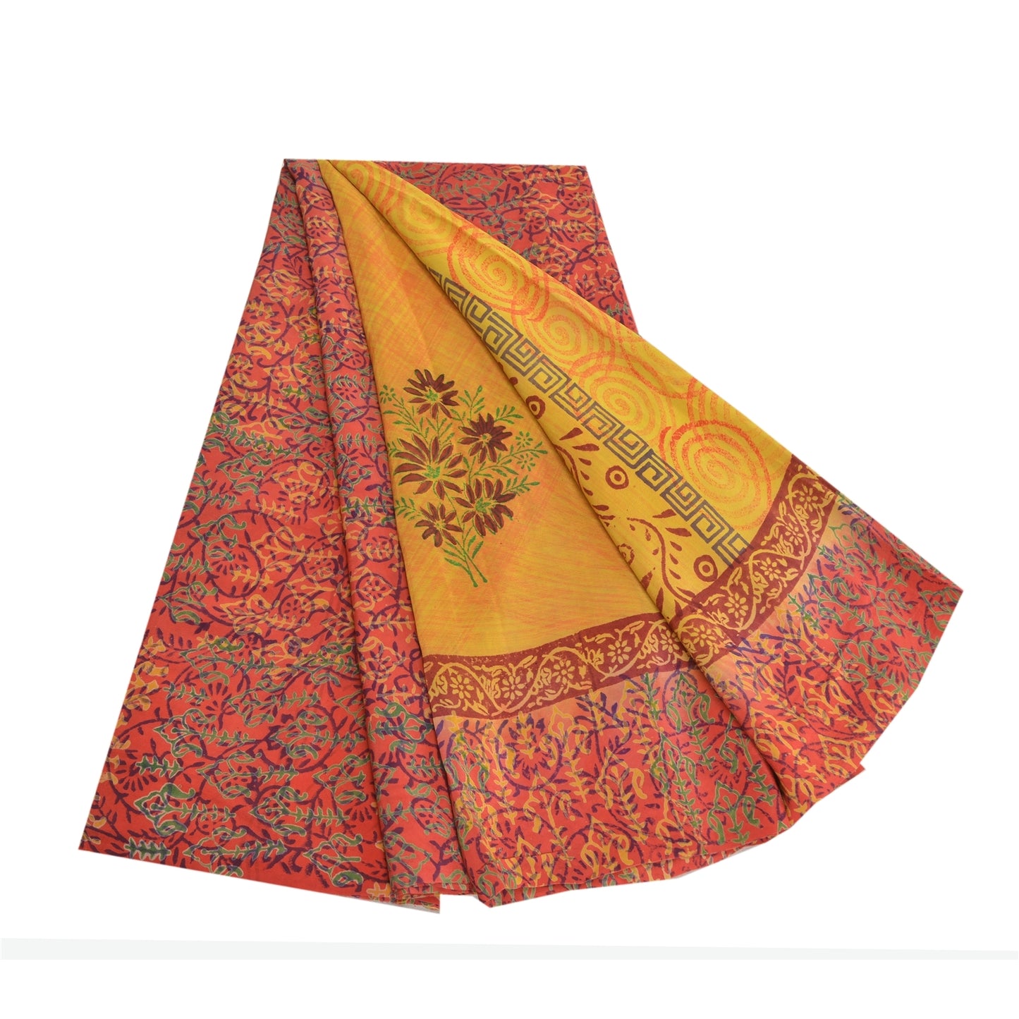 Sanskriti Vintage Saree Yellow-Red Pure Crepe Floral Printed Sari 5.5+Yd Fabric