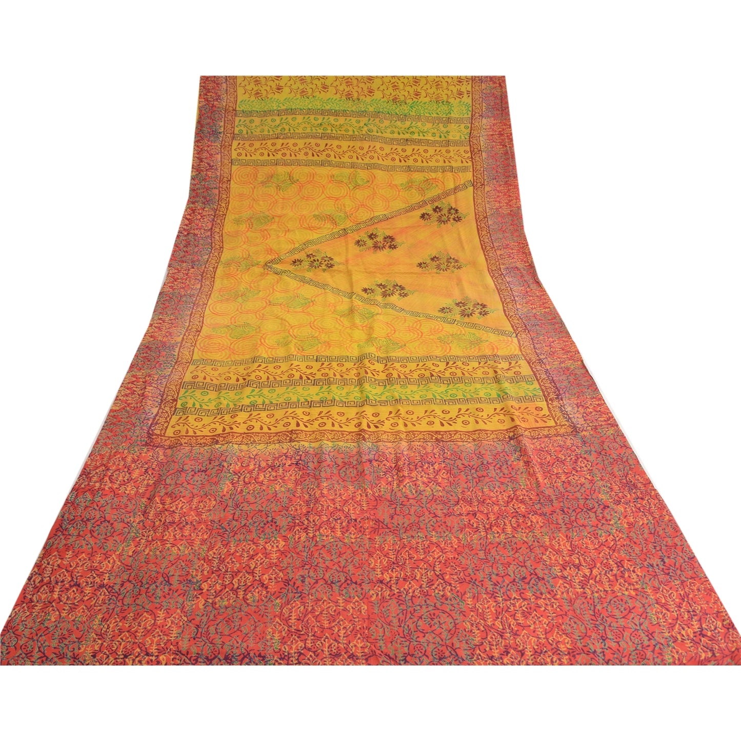 Sanskriti Vintage Saree Yellow-Red Pure Crepe Floral Printed Sari 5.5+Yd Fabric