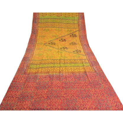 Sanskriti Vintage Saree Yellow-Red Pure Crepe Floral Printed Sari 5.5+Yd Fabric