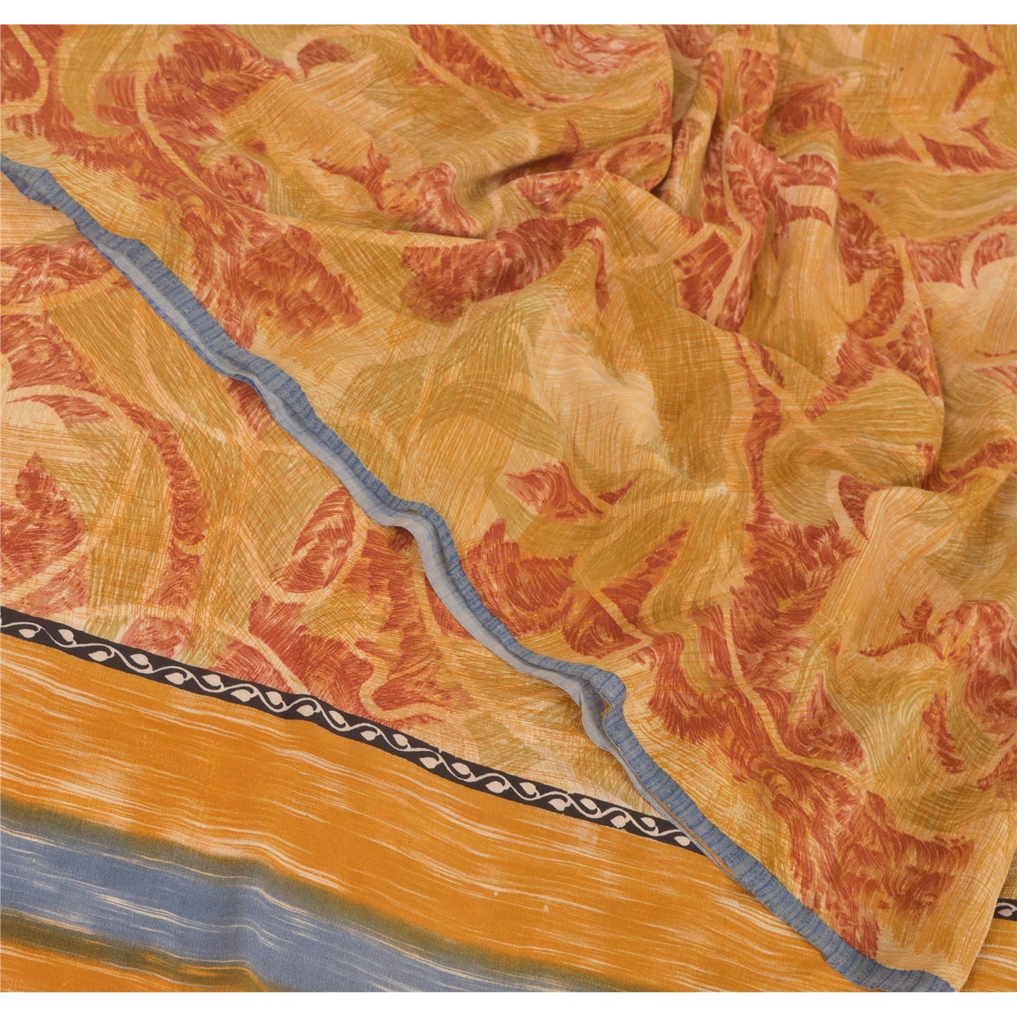 Sanskriti Vintage Red & Brown Sari Pure Crepe Printed Sarees 5YD Craft Fabric