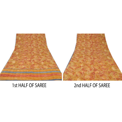 Sanskriti Vintage Red & Brown Sari Pure Crepe Printed Sarees 5YD Craft Fabric