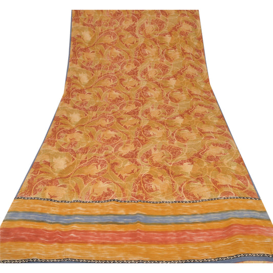 Sanskriti Vintage Red & Brown Sari Pure Crepe Printed Sarees 5YD Craft Fabric