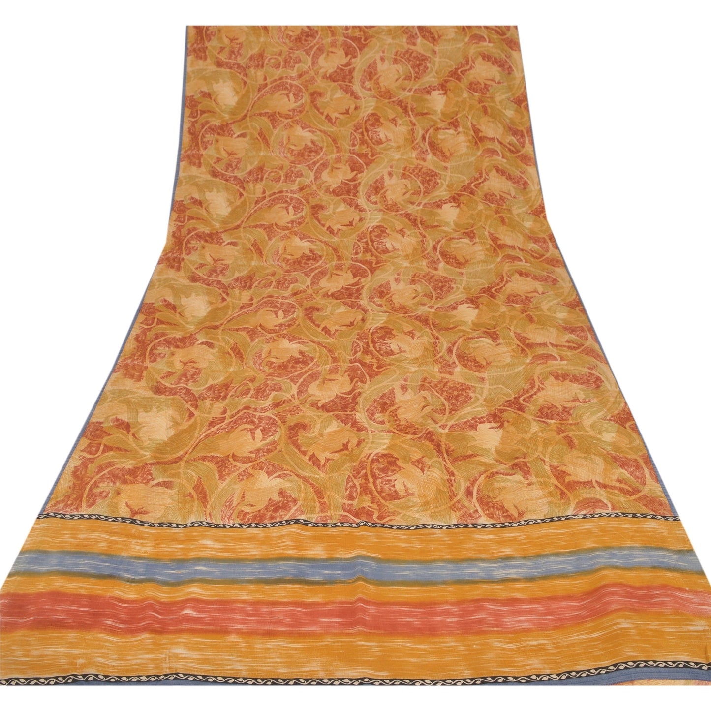 Sanskriti Vintage Red & Brown Sari Pure Crepe Printed Sarees 5YD Craft Fabric