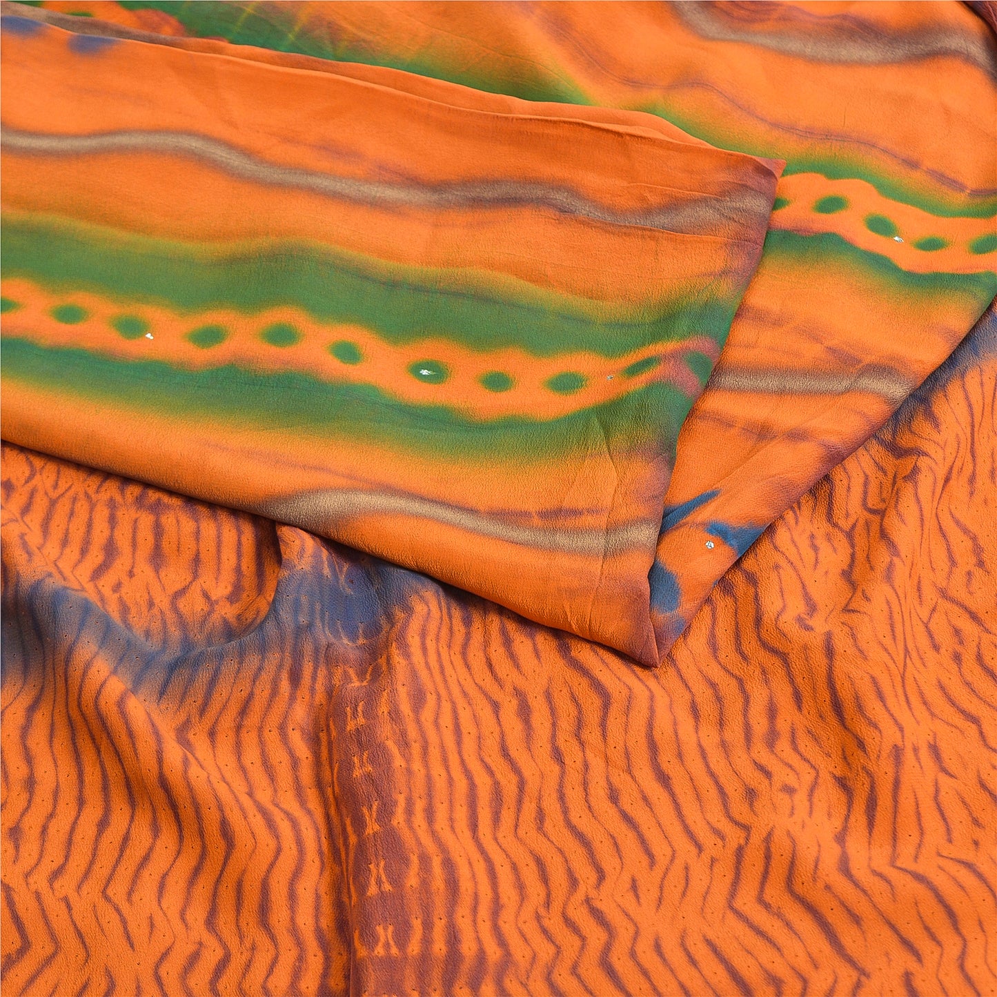 Sanskriti Vintage Orange Leheria Saree Pure Crepe Abstract Print Mukesh5 Yd Sari