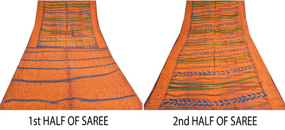 Sanskriti Vintage Orange Leheria Saree Pure Crepe Abstract Print Mukesh5 Yd Sari