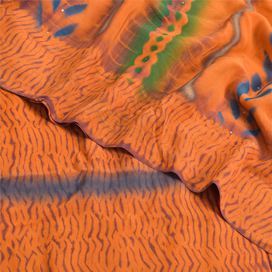 Sanskriti Vintage Orange Leheria Saree Pure Crepe Abstract Print Mukesh5 Yd Sari