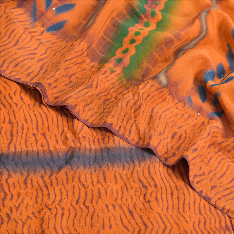 Sanskriti Vintage Orange Leheria Saree Pure Crepe Abstract Print Mukesh5 Yd Sari