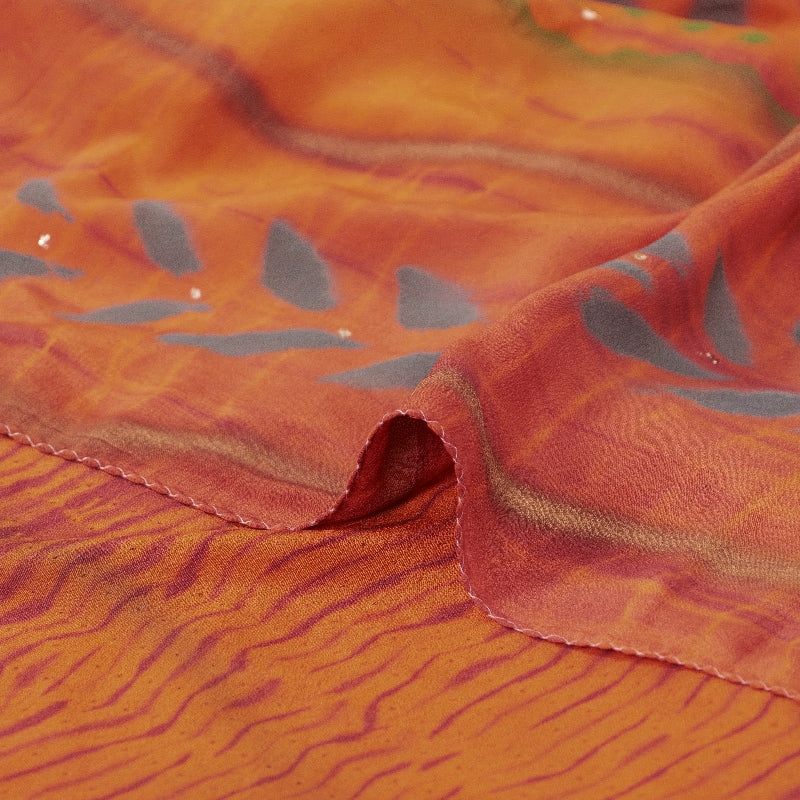 Sanskriti Vintage Orange Leheria Saree Pure Crepe Abstract Print Mukesh5 Yd Sari