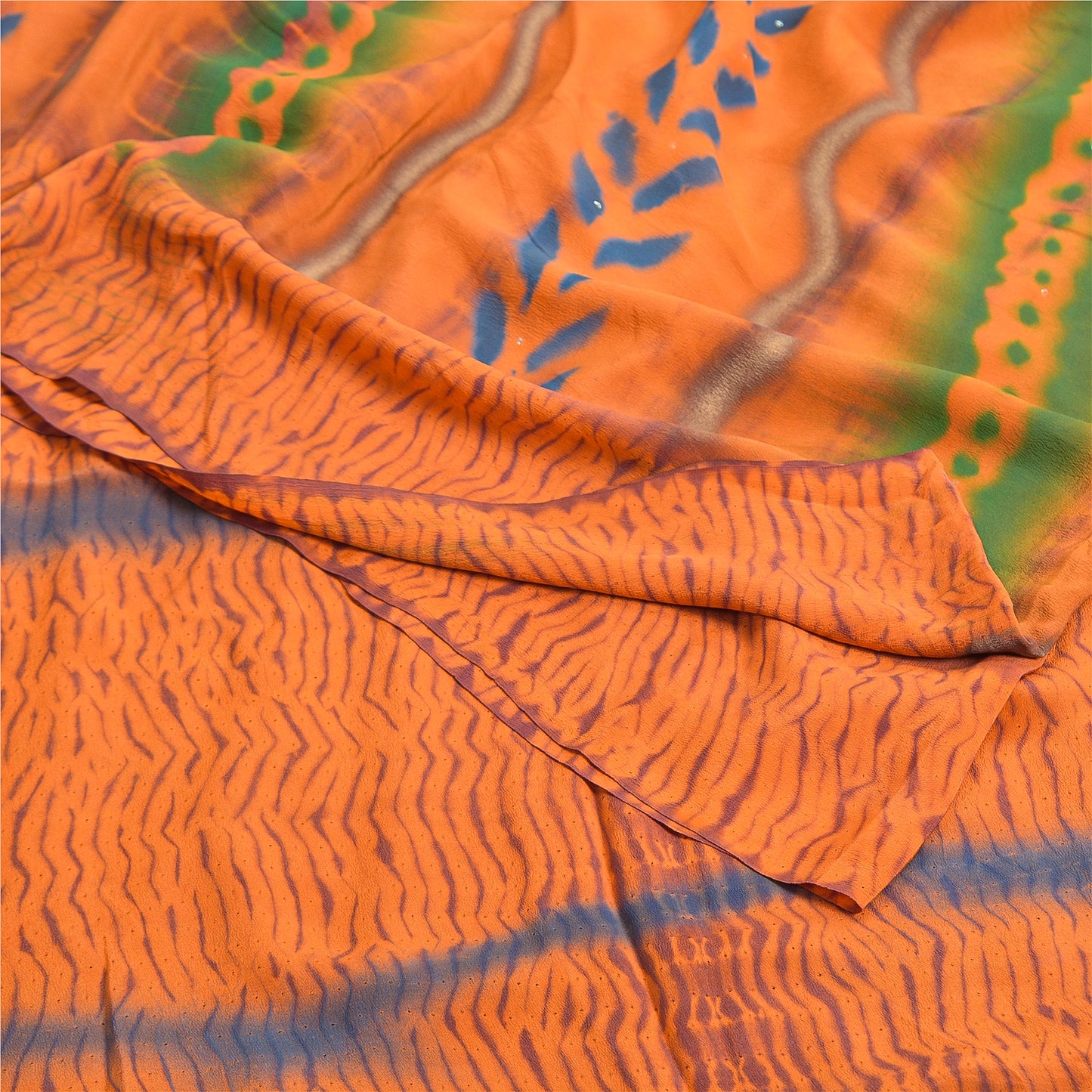 Sanskriti Vintage Orange Leheria Saree Pure Crepe Abstract Print Mukesh5 Yd Sari