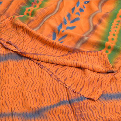 Sanskriti Vintage Orange Leheria Saree Pure Crepe Abstract Print Mukesh5 Yd Sari