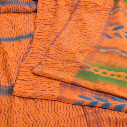 Sanskriti Vintage Orange Leheria Saree Pure Crepe Abstract Print Mukesh5 Yd Sari