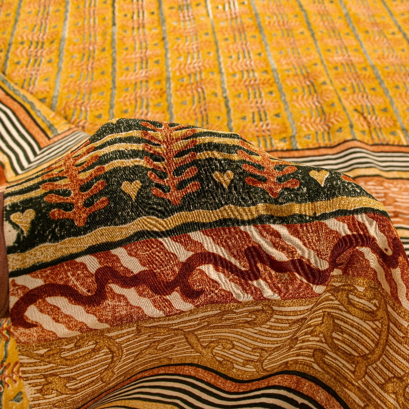 Sanskriti Vintage Sarees Mustard Pure Crepe Silk Printed Sari Craft Sustainable Fabric