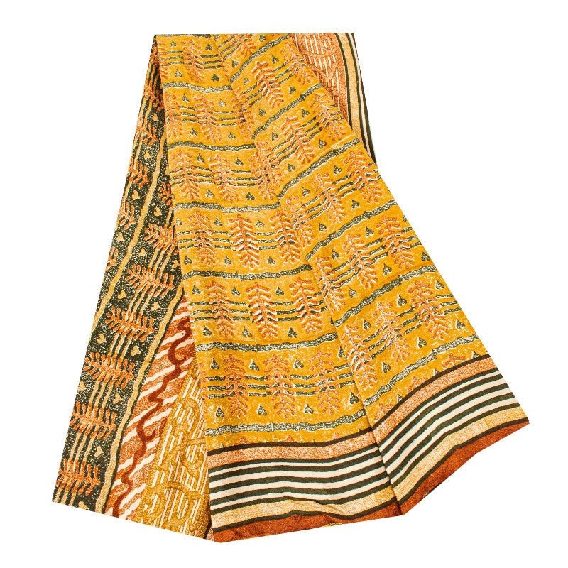 Sanskriti Vintage Sarees Mustard Pure Crepe Silk Printed Sari Craft Sustainable Fabric