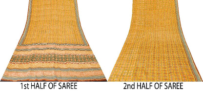 Sanskriti Vintage Sarees Mustard Pure Crepe Silk Printed Sari Craft Sustainable Fabric