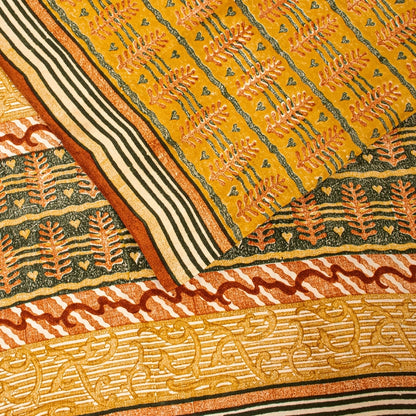 Sanskriti Vintage Sarees Mustard Pure Crepe Silk Printed Sari Craft Sustainable Fabric