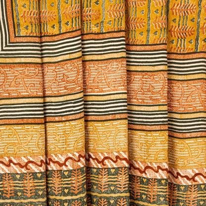 Sanskriti Vintage Sarees Mustard Pure Crepe Silk Printed Sari Craft Sustainable Fabric