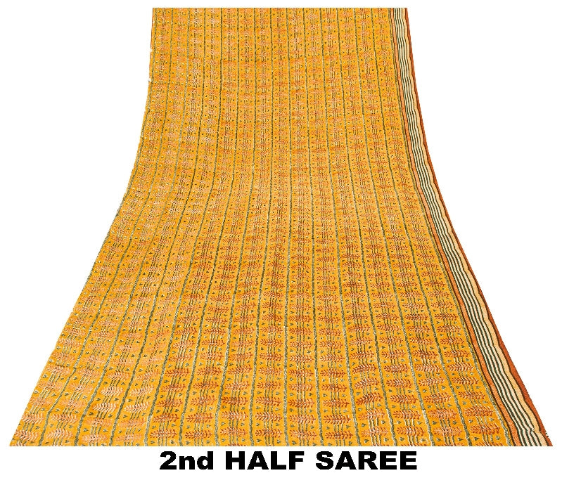 Sanskriti Vintage Sarees Mustard Pure Crepe Silk Printed Sari Craft Sustainable Fabric